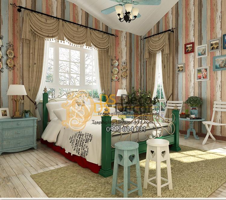 Giấy dán tường giả gỗ retro cổ điển nhiều màu 3D074 phòng ngủ